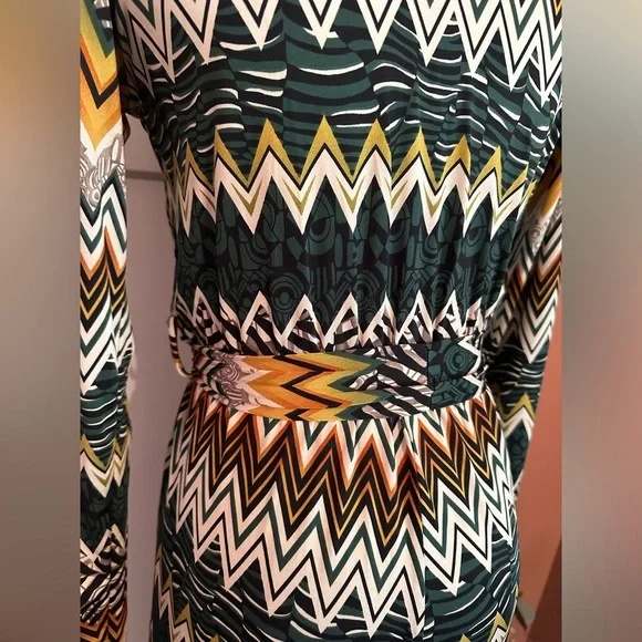 Kathi Rich Emerald zig zag pattern collar S faux wrap belt long sleeve jumpsuit - Picture 10 of 15